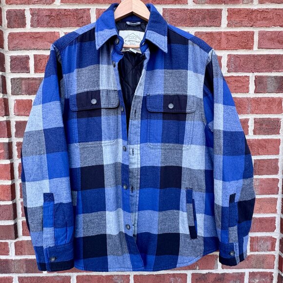 VTG St Johns Bay Quilted Flannel Shacket Mens Medium Blue Buffalo Plaid Pockets - Picture 1 of 10